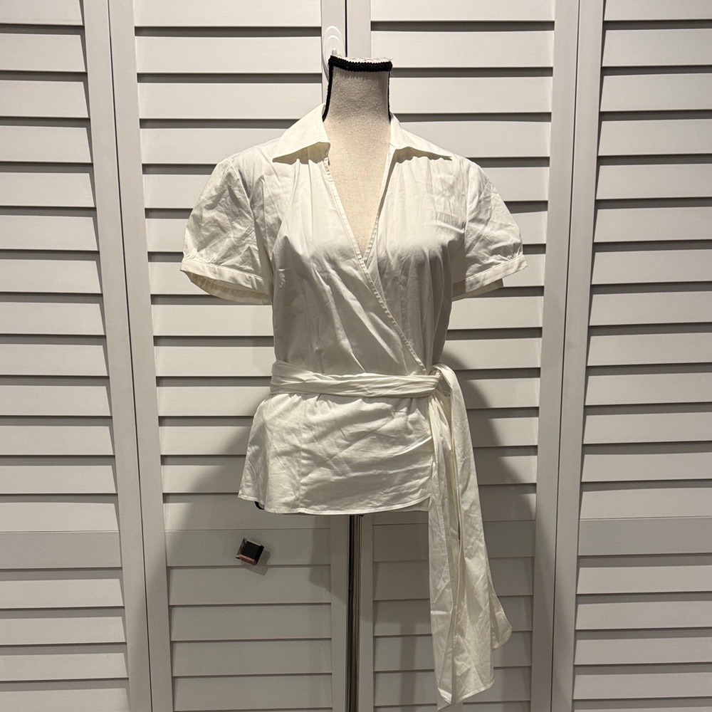 Ann Taylor White Wrap Short-Sleeve Blouse
